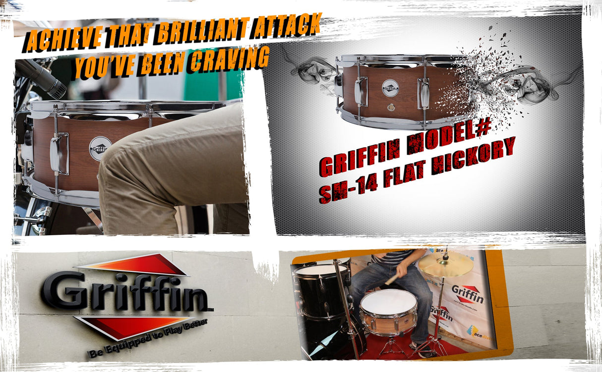 GRIFFIN Snare Drum - Poplar Wood Shell 14" x 5.5" with Flat Hickory PVC - 8 Metal Tuning Lugs & Snare Strainer Throw Off - Percussion Instrument Kit by GeekStands.com