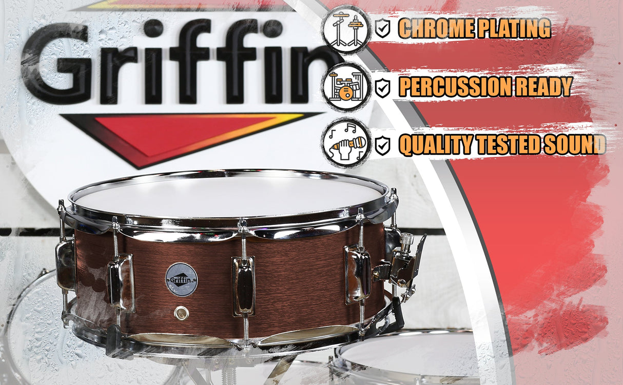 GRIFFIN Snare Drum - Poplar Wood Shell 14" x 5.5" with Flat Hickory PVC - 8 Metal Tuning Lugs & Snare Strainer Throw Off - Percussion Instrument Kit by GeekStands.com