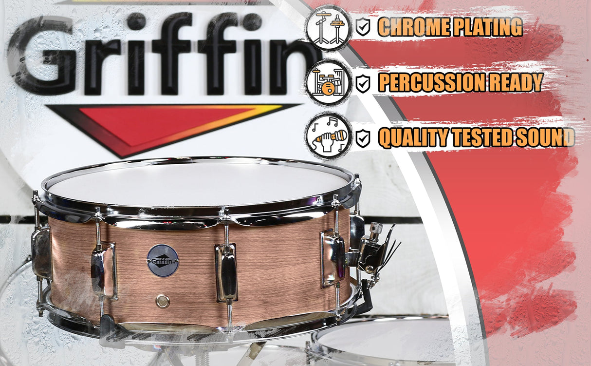 Oak Wood Snare Drum by GRIFFIN - PVC on Poplar Wood Shell 14" x 5.5" - Percussion Musical Instrument by GeekStands.com