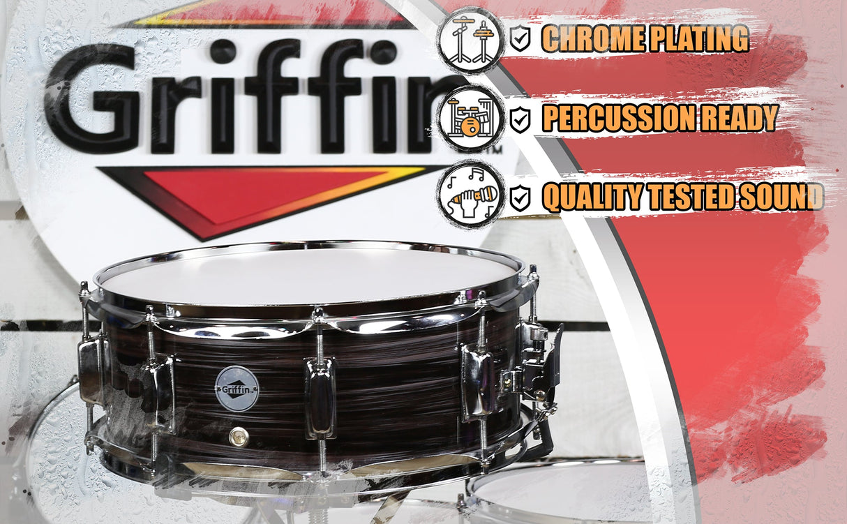 Deluxe Snare Drum by GRIFFIN - 14" x 5.5" Poplar Wood Shell with Zebra PVC Glossy Finish by GeekStands.com