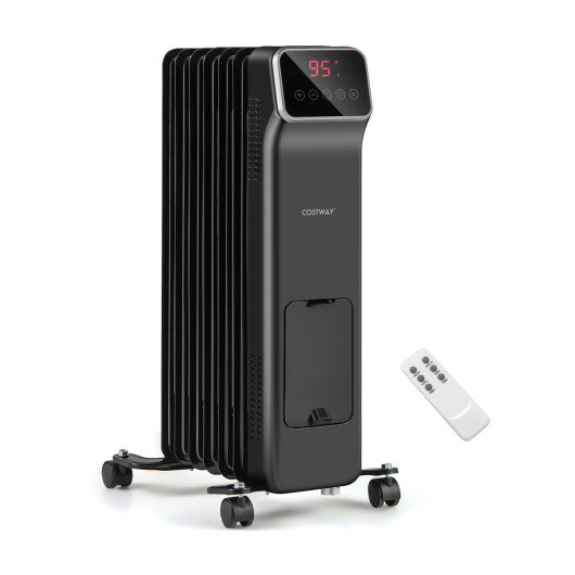 1500W Oil Filled Radiator Heater with Remote Control 3 Modes 24H Timer-Black