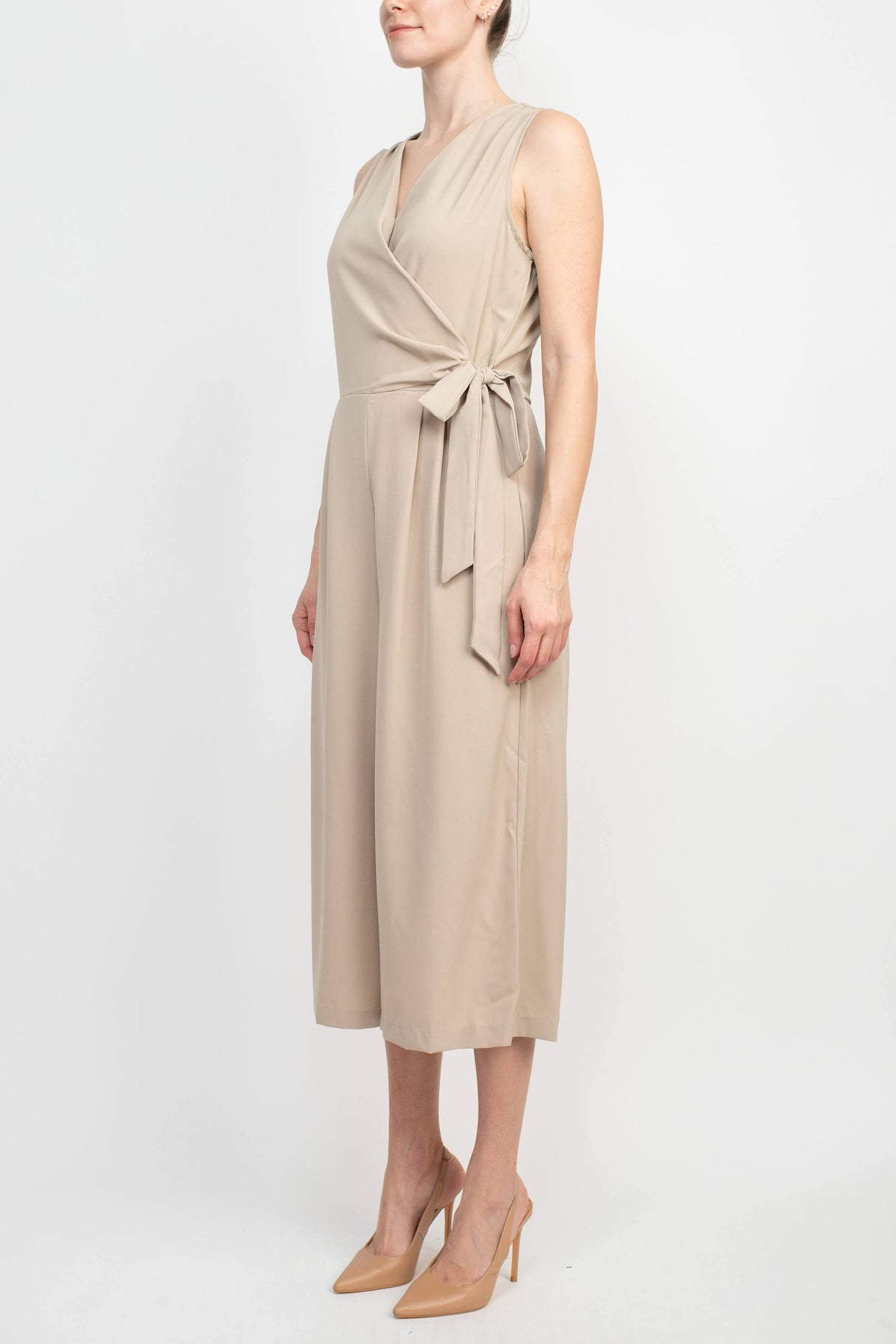 Emma & Michele V-Neck Sleeveless Tie Side Solid Pockets Crepe Jumpsuit by Curated Brands