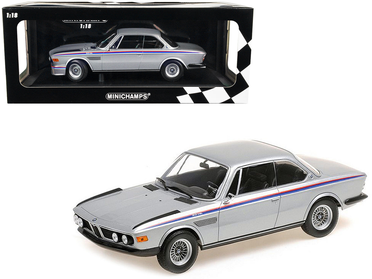 1973 BMW 3.0 CSL Silver Metallic with Red and Blue Stripes Limited Edition to 540 pieces Worldwide 1/18 Diecast Model Car by Minichamps