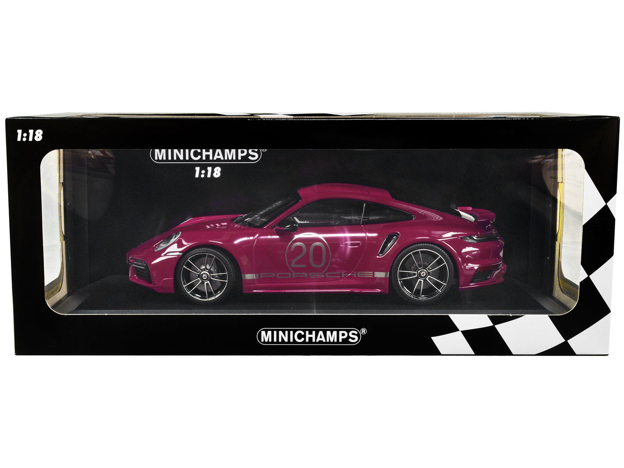 2021 Porsche 911 Turbo S with SportDesign Package #20 Red Violet with Silver Stripes Limited Edition to 504 pieces Worldwide 1/18 Diecast Model Car by Minichamps