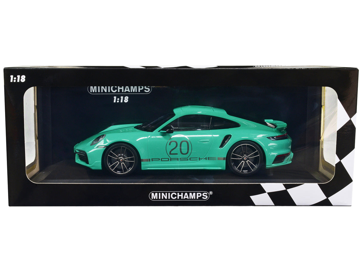 2021 Porsche 911 Turbo S with SportDesign Package #20 Green with Silver Stripes Limited Edition to 504 pieces Worldwide 1/18 Diecast Model Car by Minichamps