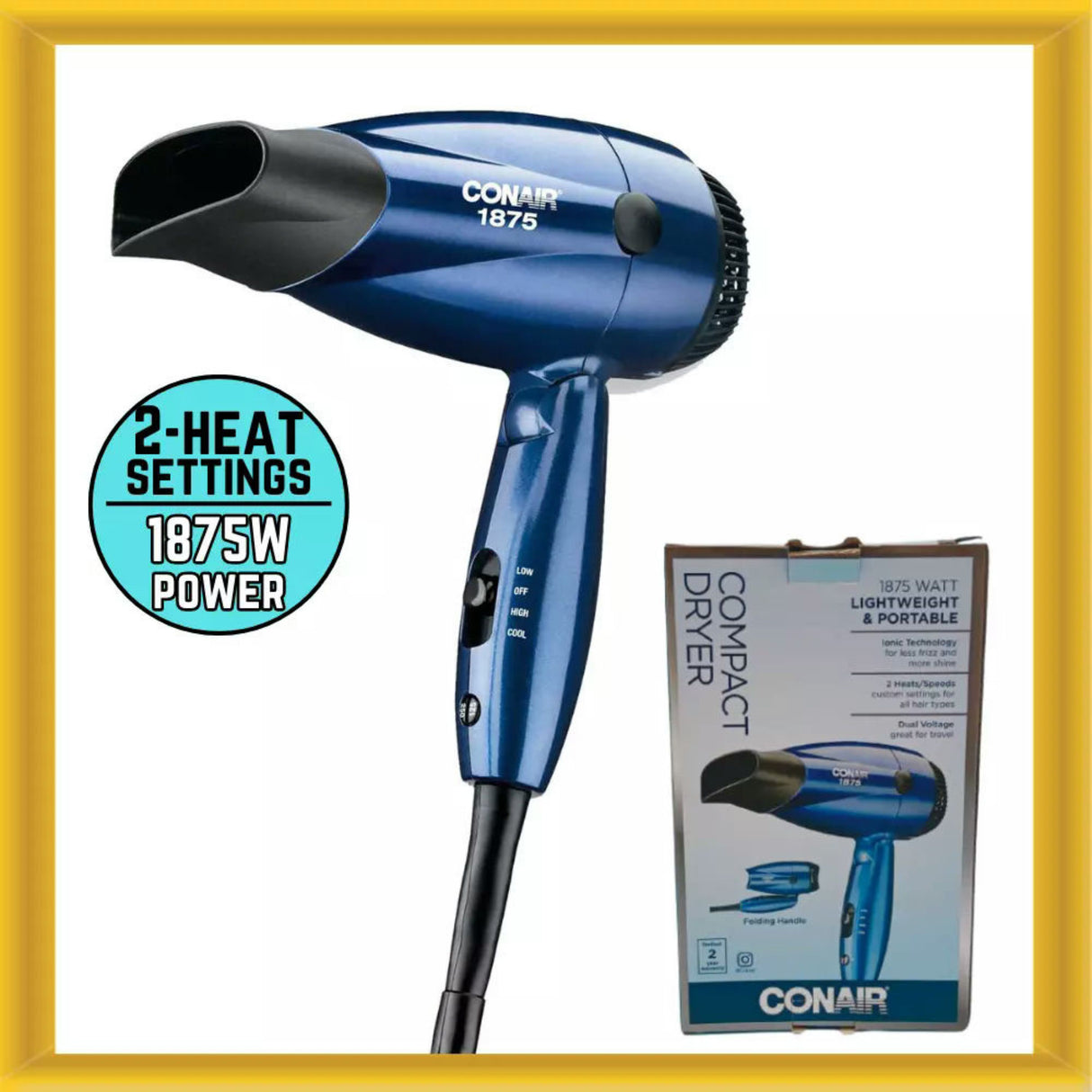 Conair 1875-Watt 110/220V Folding Hair Dryer Blue - Blue