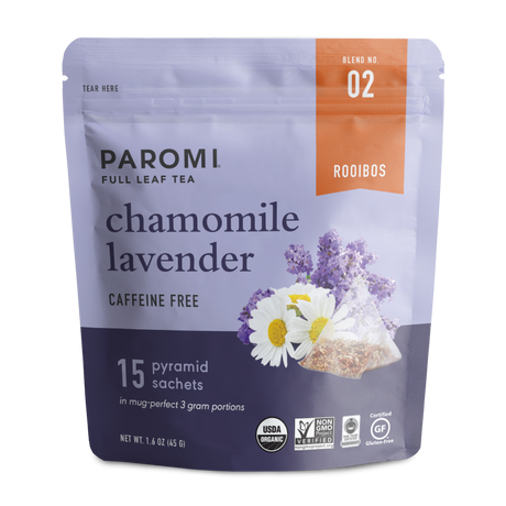 Organic Chamomile Lavender Rooibos Tea, Caffeine Free, in Pyramid Tea Bags by Paromi Tea