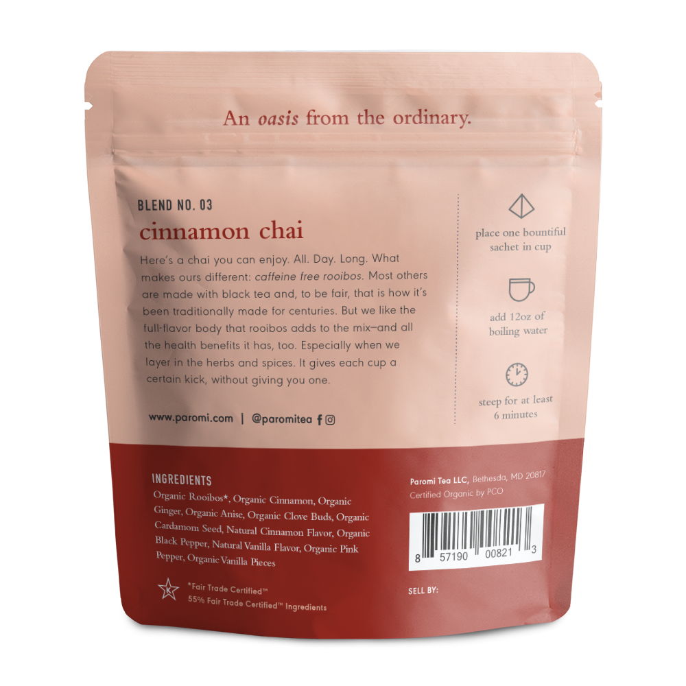 Organic Cinnamon Chai Rooibos Tea, Caffeine Free, in Pyramid Tea Bags by Paromi Tea