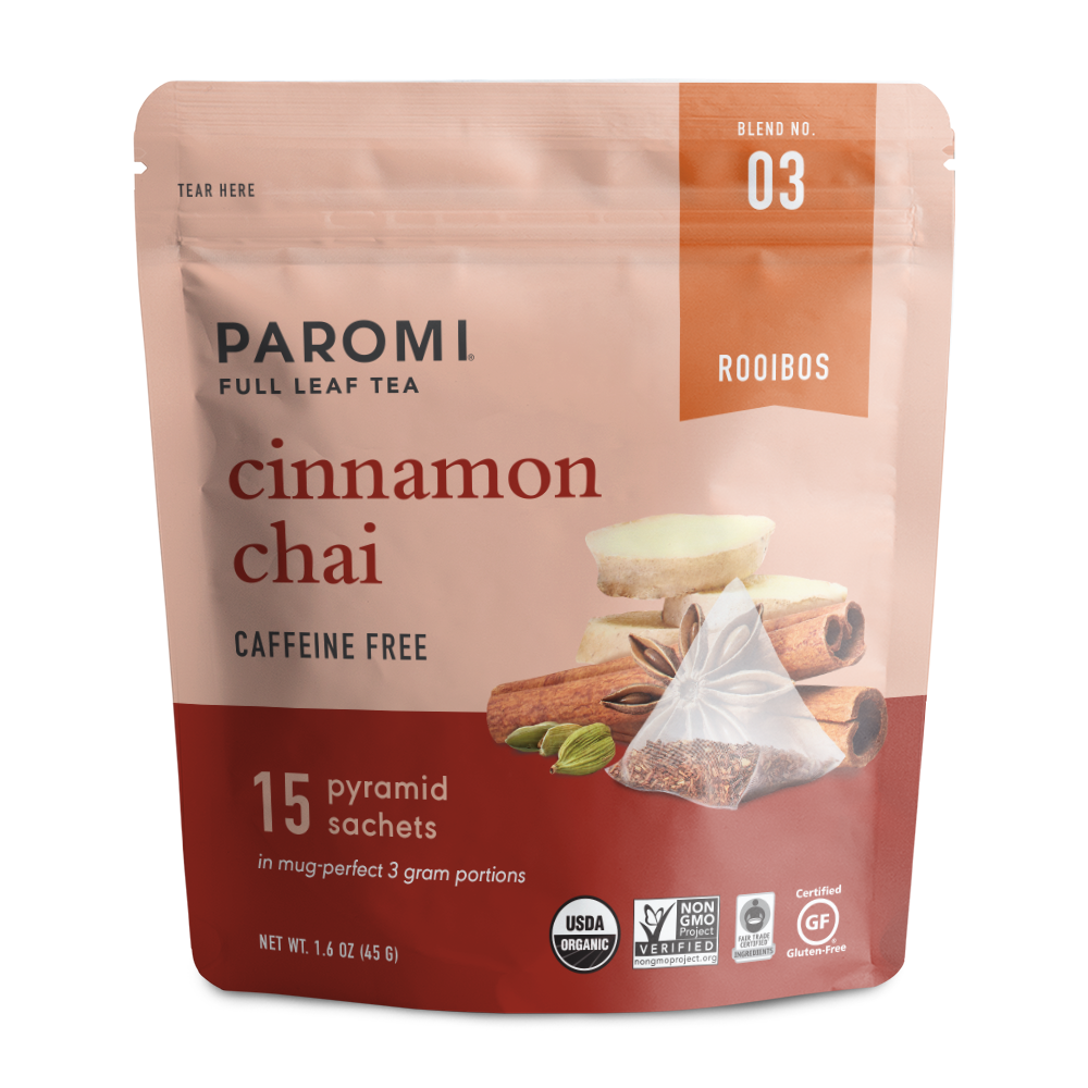 Organic Cinnamon Chai Rooibos Tea, Caffeine Free, in Pyramid Tea Bags by Paromi Tea