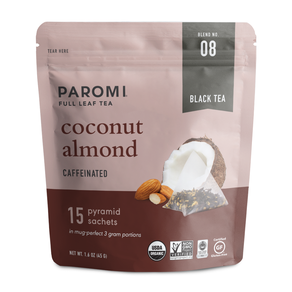 Organic Coconut Almond Black Tea, Full Leaf, in Pyramid Tea Bags by Paromi Tea