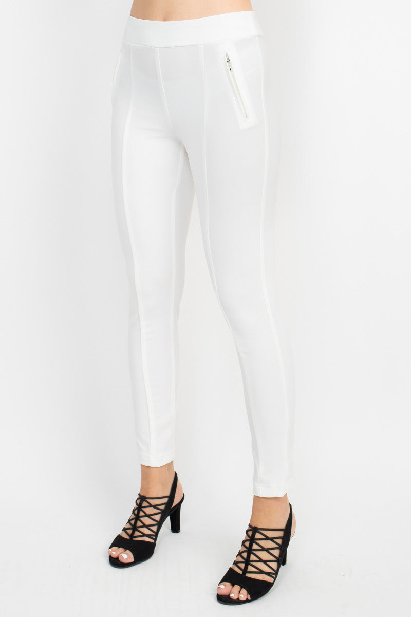 Soho Mid Waist Pull-On Skinny Zipper Front Solid Crepe Pant by Curated Brands