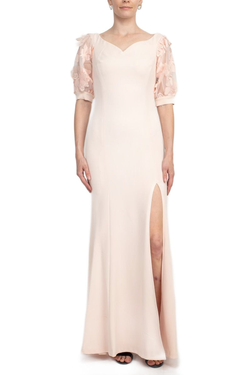 Alberto Makali V-Neck Short Embellished Lace Sleeve Zipper Back Mermaid Slit Side Gown by Curated Brands