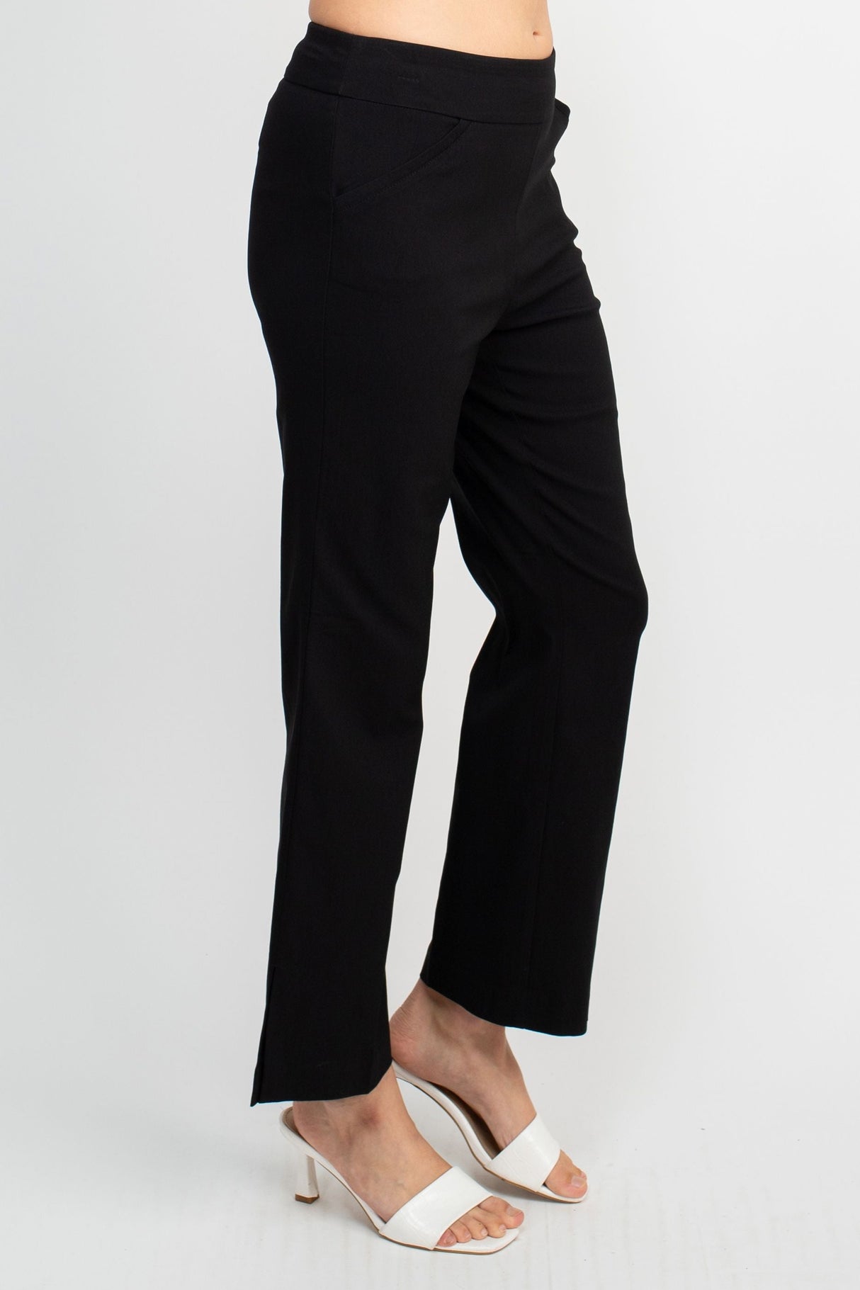 Counterparts Banded Mid Waist Pull On Solid Straight Cut Slit Hem Stretch Rayon Pant with Pockets by Curated Brands