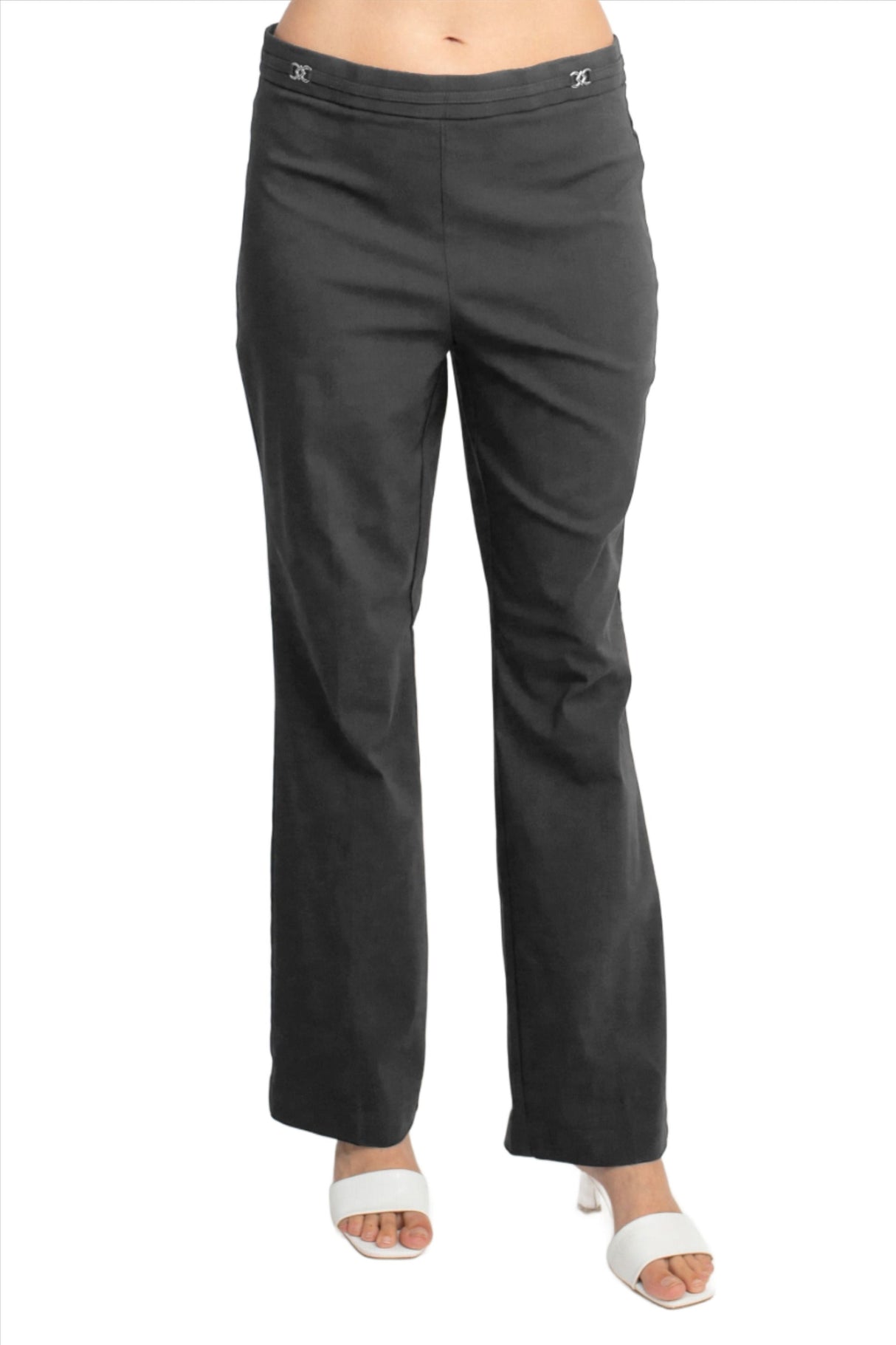 Counterparts Banded Waist Pull On Straight Cut Solid Hardware Detail Stretch Rayon Pants by Curated Brands