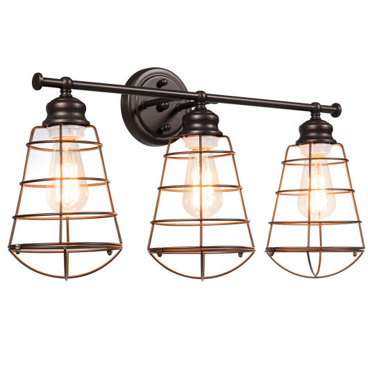 3-Light Vanity Lamp Bathroom Fixture with Metal Wire Cage