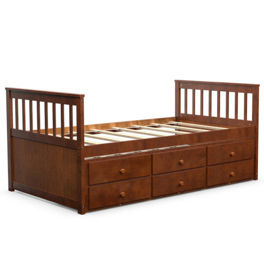 Twin Captain’s Bed with Trundle and 3 Storage Drawers-Walnut