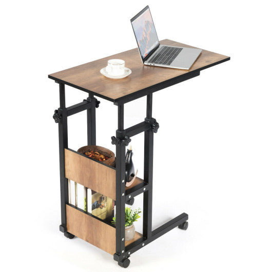 C-Shape Mobile Snack End Table with Storage Shelves