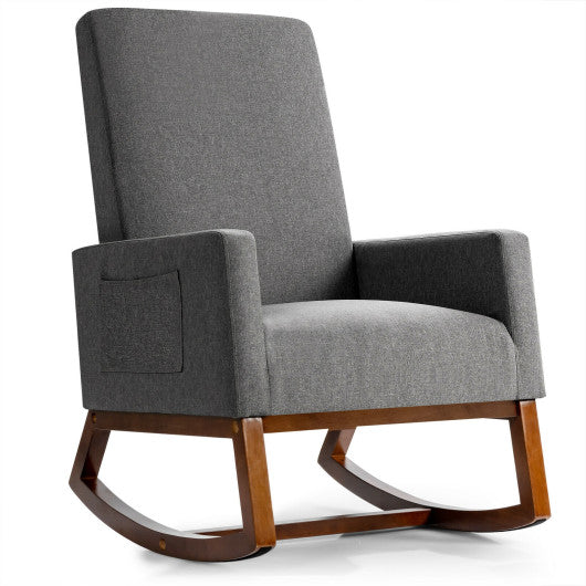 Rocking High Back Upholstered Lounge Armchair with Side Pocket-Gray