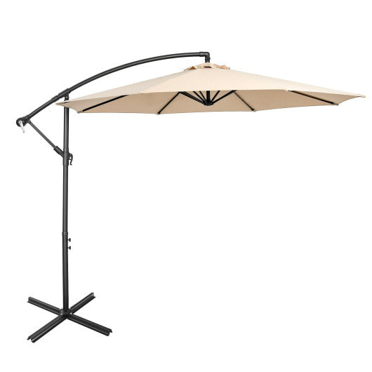 10 Feet Offset Umbrella with 8 Ribs Cantilever and Cross Base-Beige