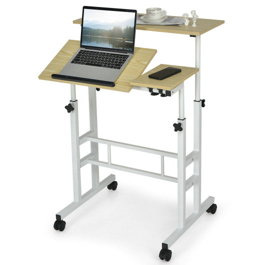 Mobile Standing up Desk Adjustable Computer Desk Tilting Workstation-Natural