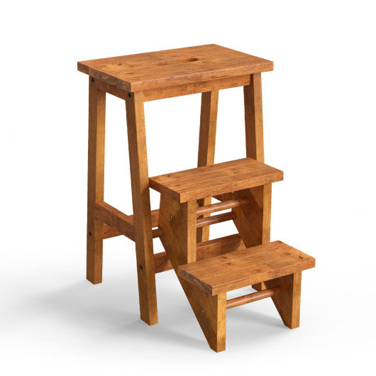 3-in-1 Rubber Wood Step Stool with Convenient Handle-Dark Brown