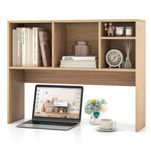 Computer Desktop Bookcase with 4 Cubbies and Open Back Compartment-Natural