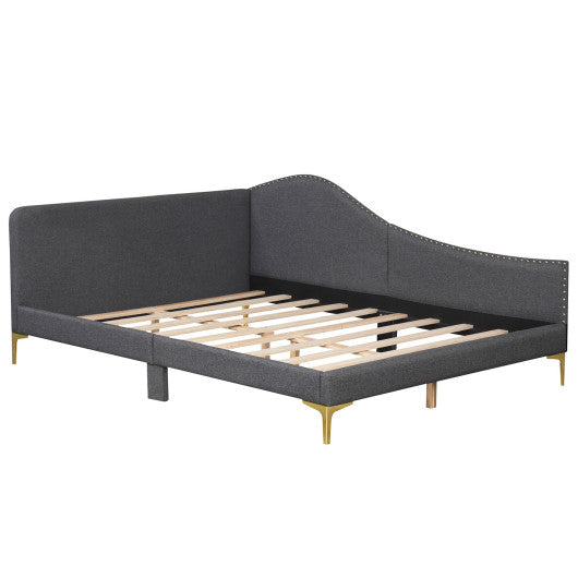 Full/Twin Size Rivet-Tufted Platform Bed with Metal Legs and Wood Slats-Full Size