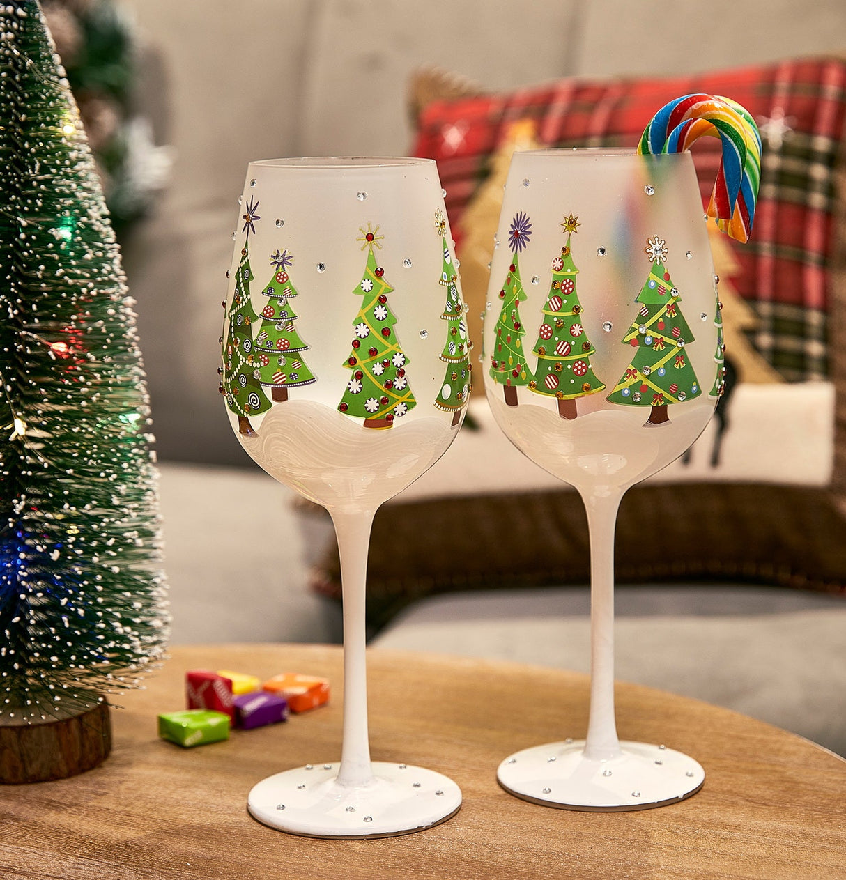 Set of 2 Stemmed Christmas Tree Design Wine Glasses - Hand Painted 14 oz Decorated Christmas Tree Glasses - Perfect for Wine, Champagne, Holiday Parties and Festivities - 8.75" High, 14 oz Capacity by The Wine Savant