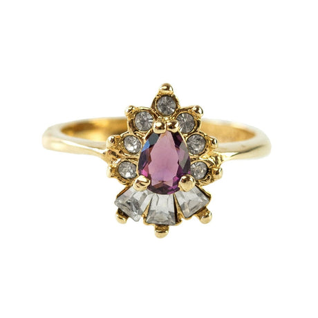 Vintage 1990's Ring Ruby and Clear Austrian Crystals 18k Yellow Gold Plated by PVD Vintage Jewelry