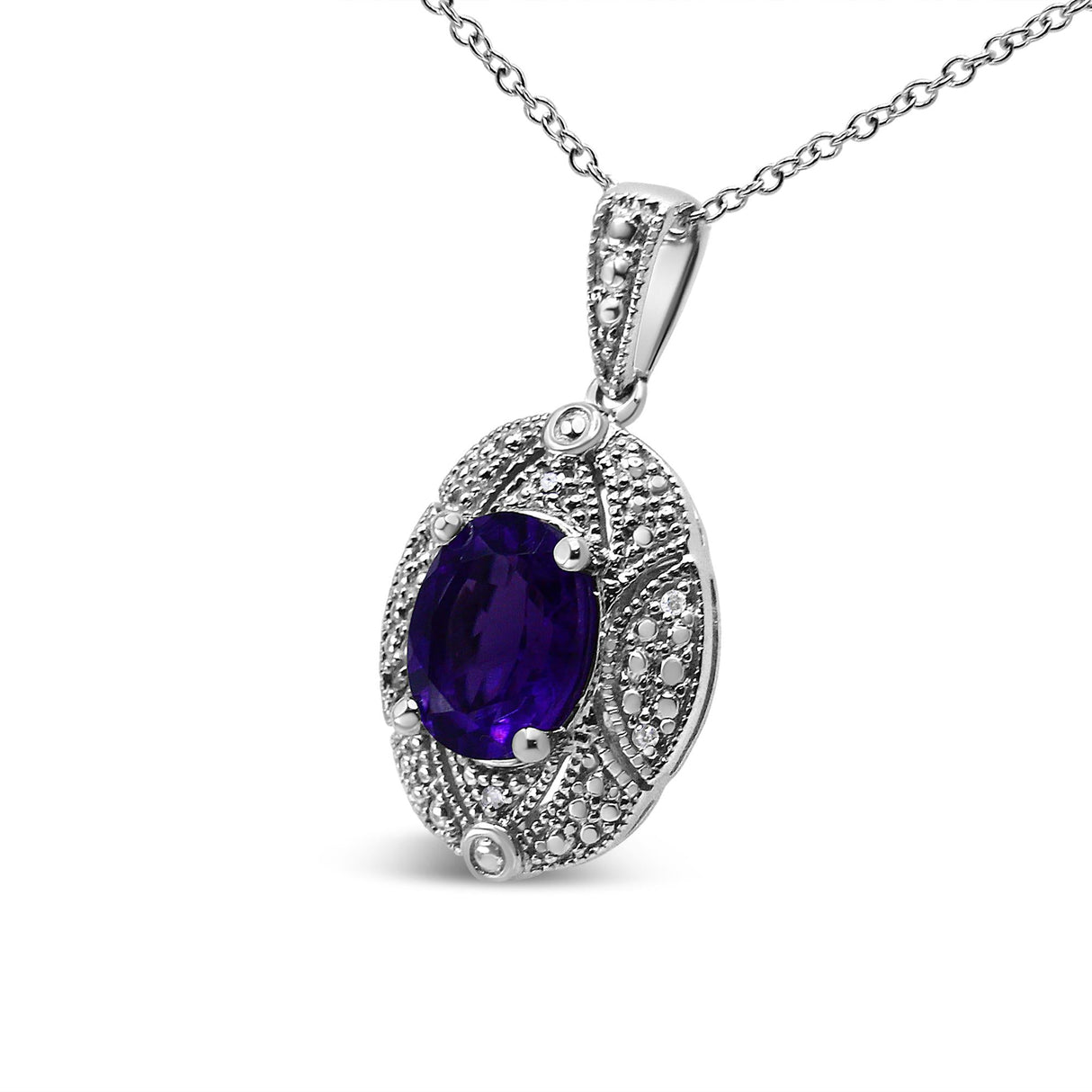 .925 Sterling Silver Diamond Accent and 9x7mm Purple Oval Amethyst Gemstone Pendant 18" Necklace (I-J Color, I1-I2 Clarity) by Infinite Jewels