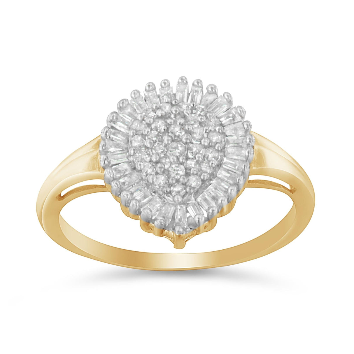 10K Yellow Gold 1/2 Cttw Round & Baguette Cut Diamond Pear Shaped Domed Pavé Cluster with Halo Cocktail Ring (J-K Color, I1-I2 Clarity) by Haus of Brilliance