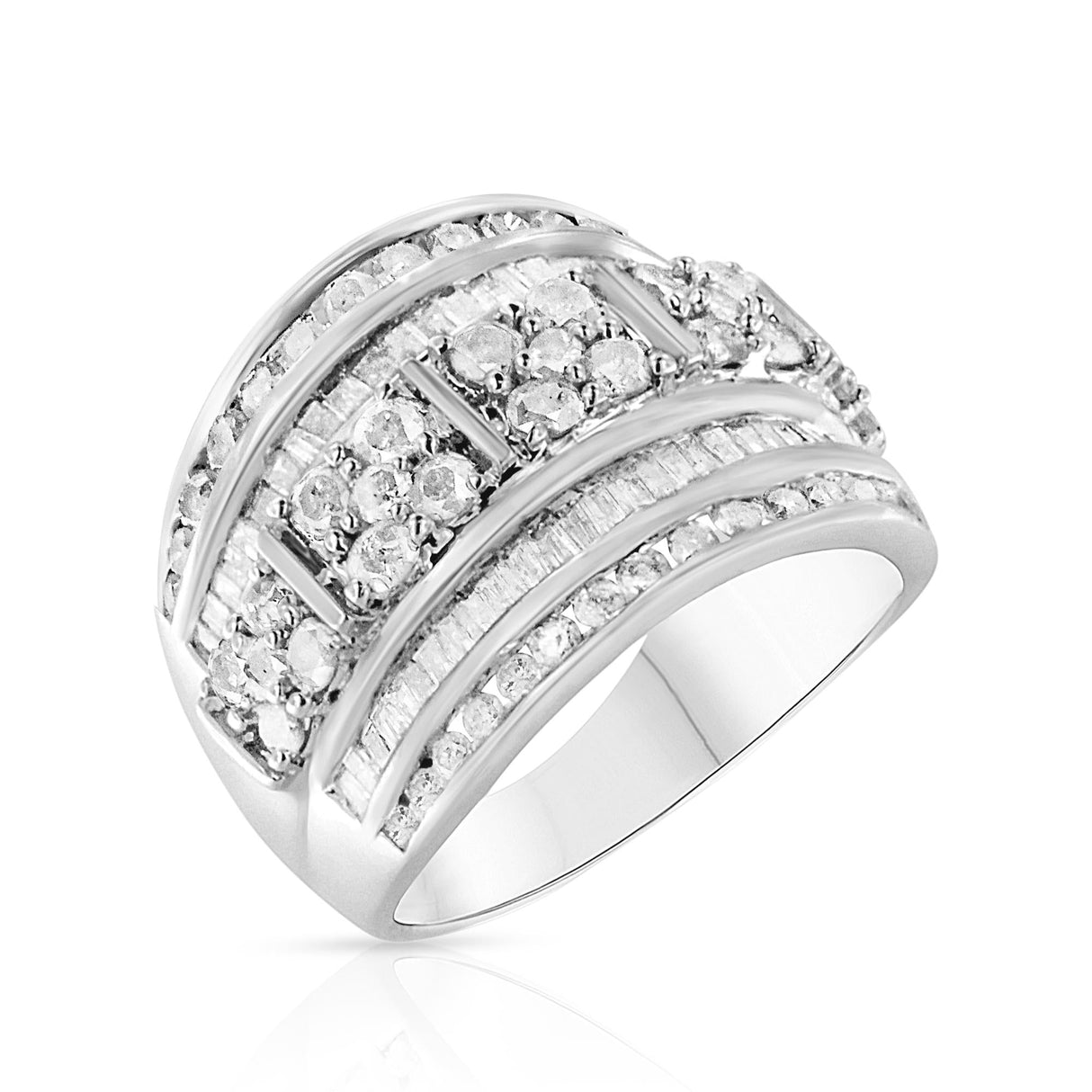 .925 Sterling Silver 2.0 Cttw Round & Baguette Cut Diamond Multi-Row Channel Set Tapered Cocktail Fashion Ring (I-J Color, I3 Clarity) by Haus of Brilliance