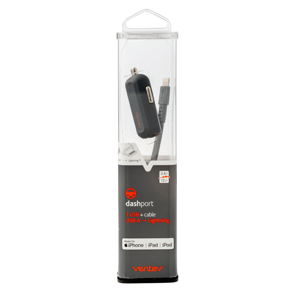 Ventev 12W dashport r1240 Car Charger and USB A to Apple Lightning Cable 3.3ft Gray by Ventev