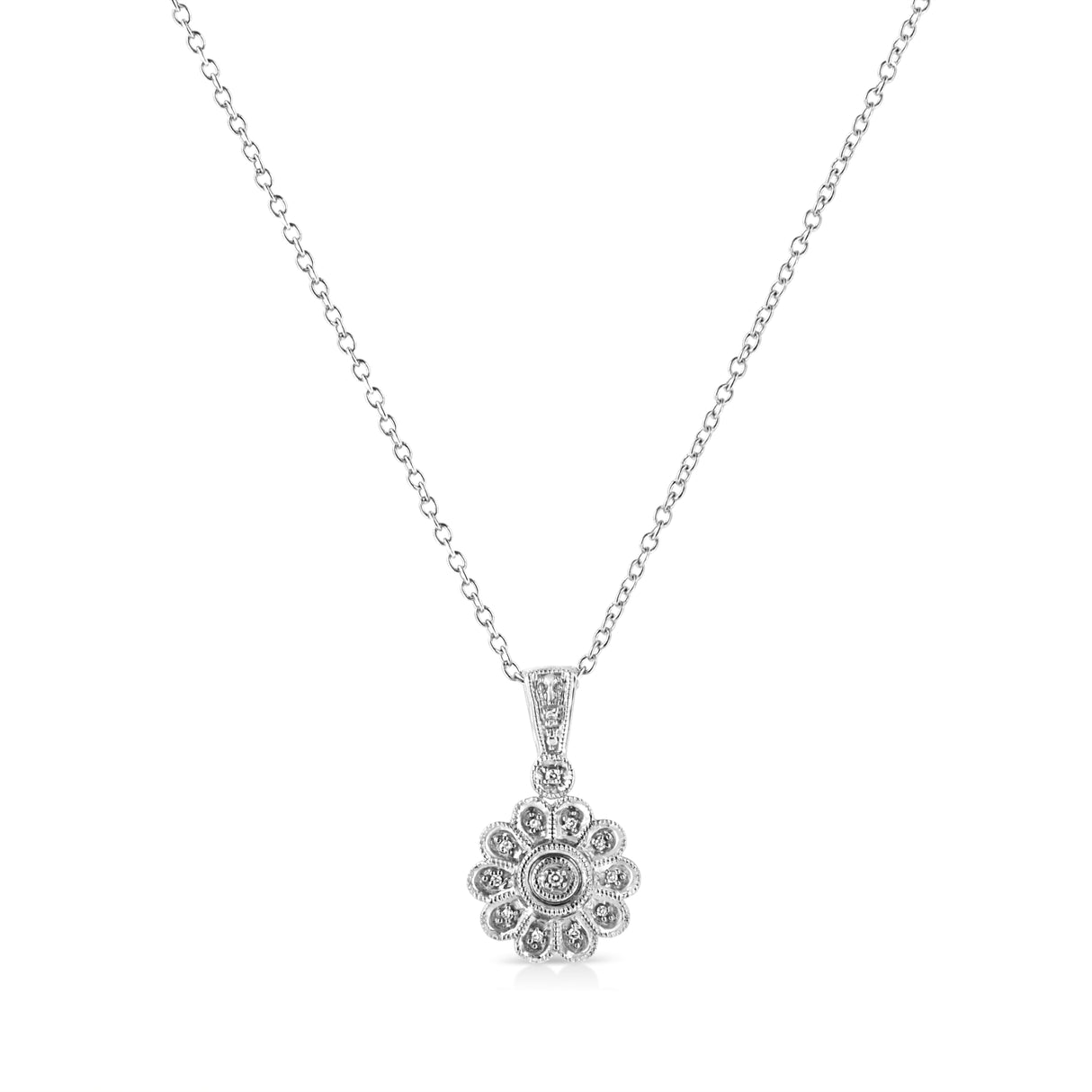 .925 Sterling Silver Diamond Accent Sunburst Milgrain 18" Pendant Necklace (I-J Color, I1-I2 Clarity) by Haus of Brilliance