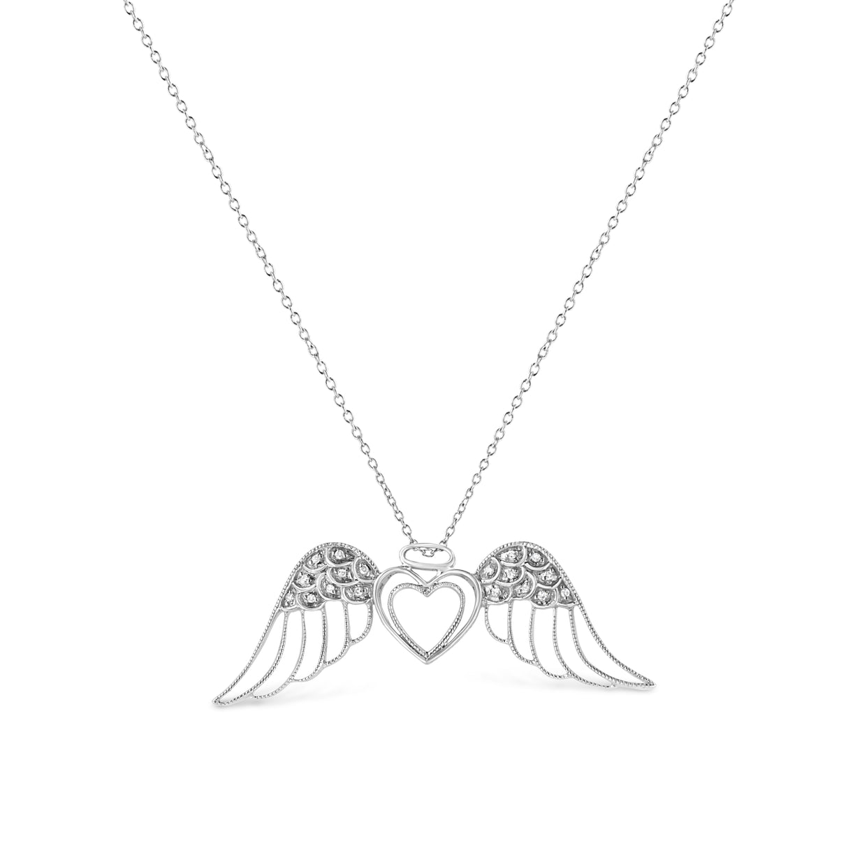 .925 Sterling Silver Pave-Set Diamond Accent Angel Wing 18" Double Heart Pendant Necklace (I-J Color, I1-I2 Clarity) by Infinite Jewels