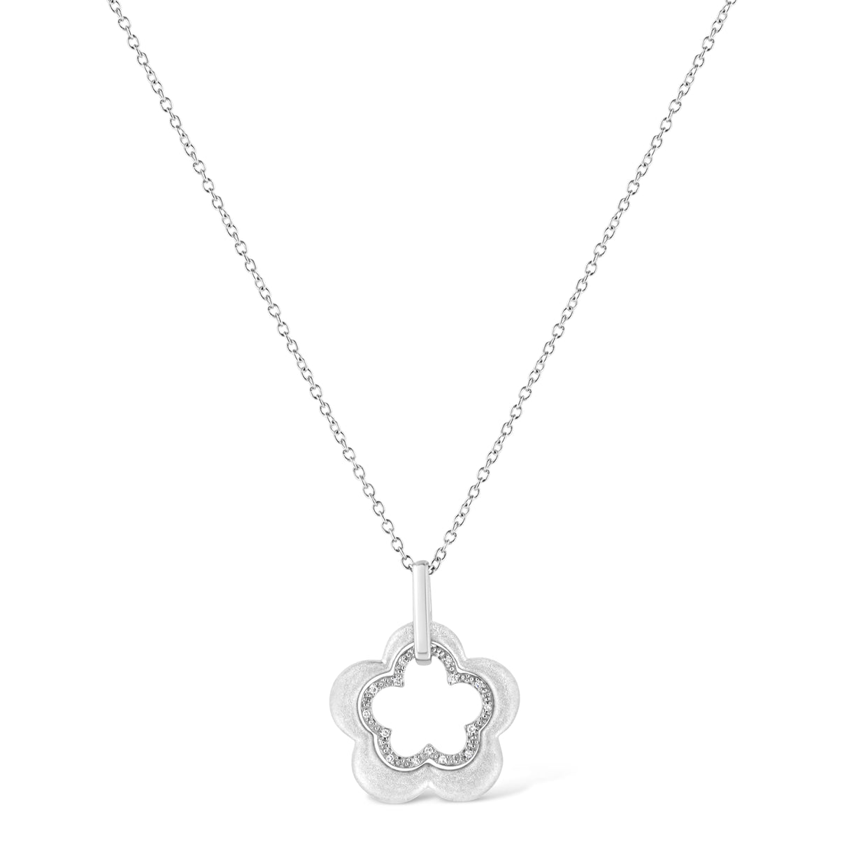 Matte Finished .925 Sterling Silver Diamond Accent Double Flower Shape 18" Satin Finished Pendant Necklace (I-J Color, I1-I2 Clarity) by Haus of Brilliance