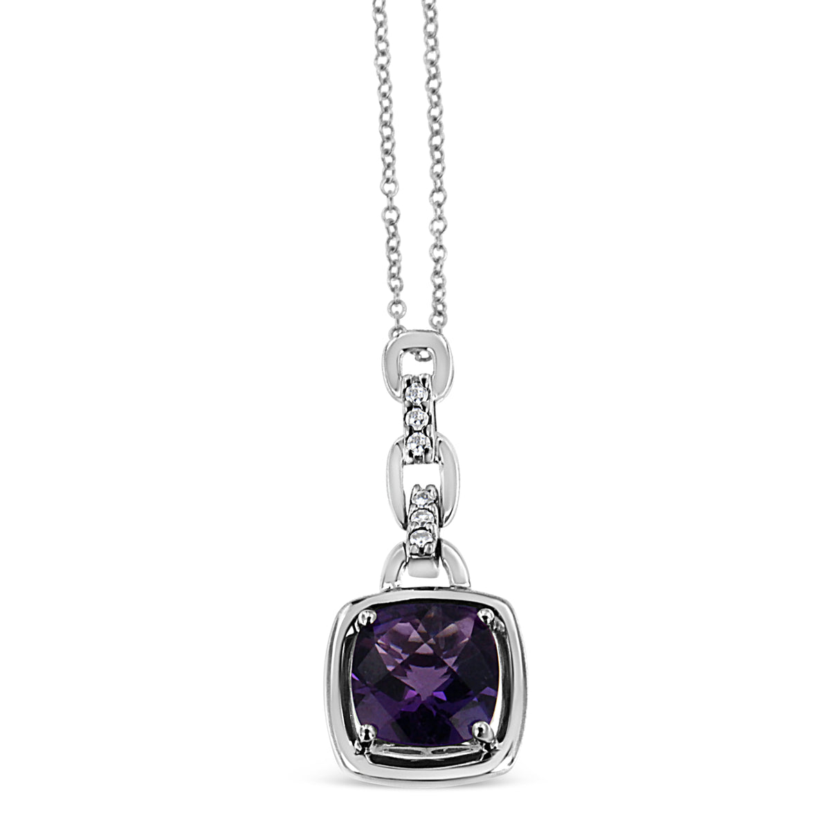 .925 Sterling Silver 6x6MM Cushion Shaped Natural Purple Amethyst and Diamond Accented Bale 18" Inch Pendant Necklace (I-J Color, I1-I2 Clarity) by Infinite Jewels