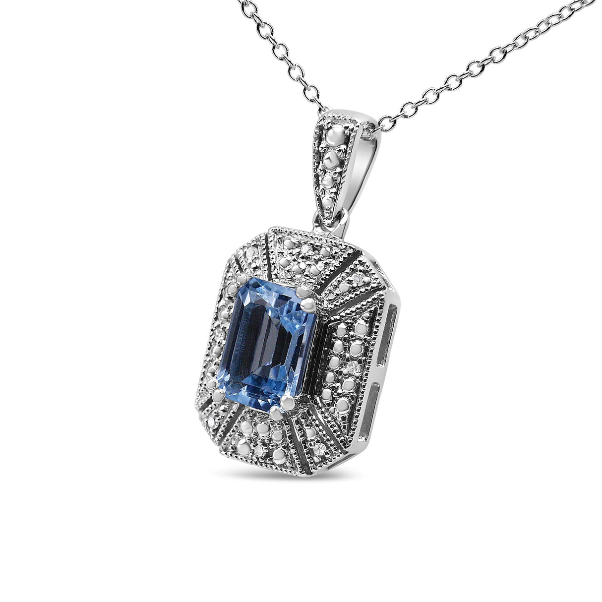 .925 Sterling Silver Blue Topaz and Diamond Accent Art Deco Style 18" Pendant Necklace (I-J Color, I1-I2 Clarity) by Infinite Jewels