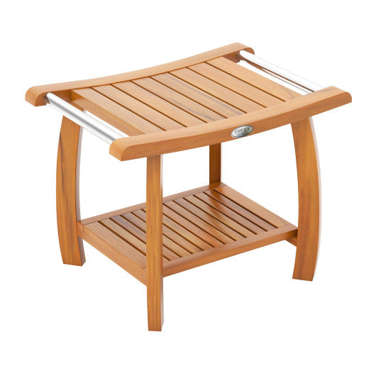 2-Tier Teak Wood Shower Bench Shower Stool with Curved Seat and Handles