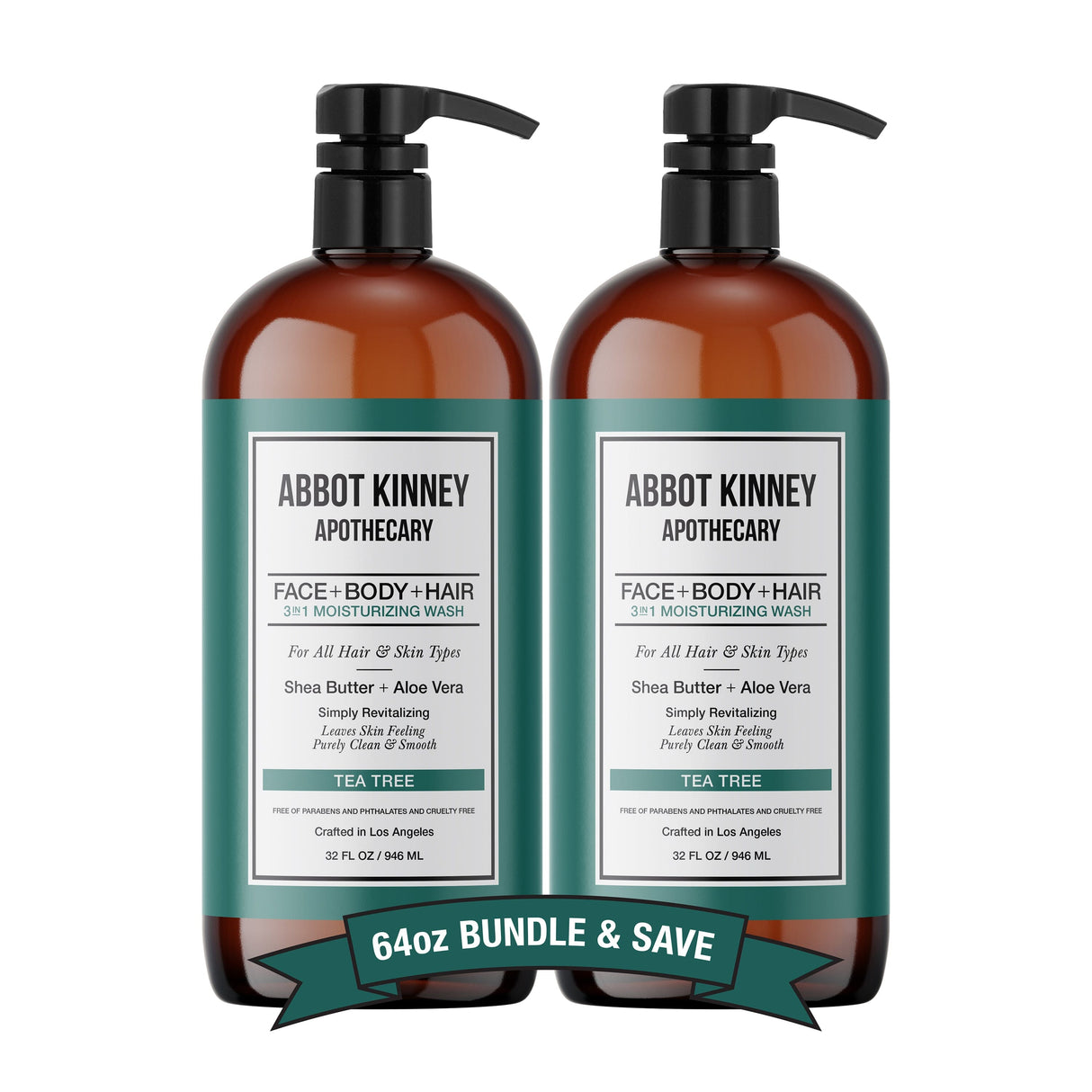 2 PACK - Men's 3-in-1 Moisturizing Shampoo, Conditioner, and Body Wash, Tea Tree 32oz by Abbot Kinney Apothecary by  Los Angeles Brands