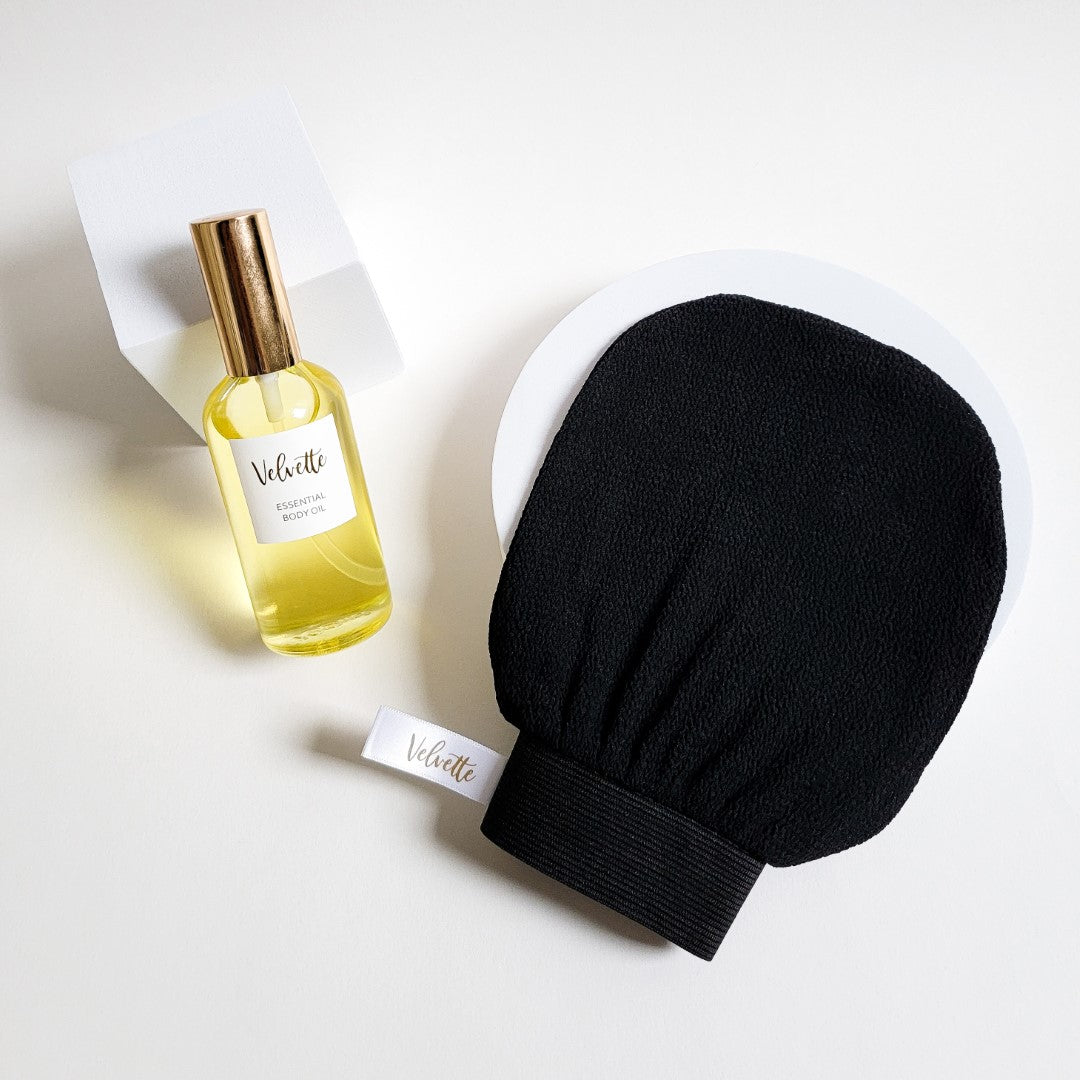 Exfoliating Mitt + Essential Body Oil Bundle by Velvette