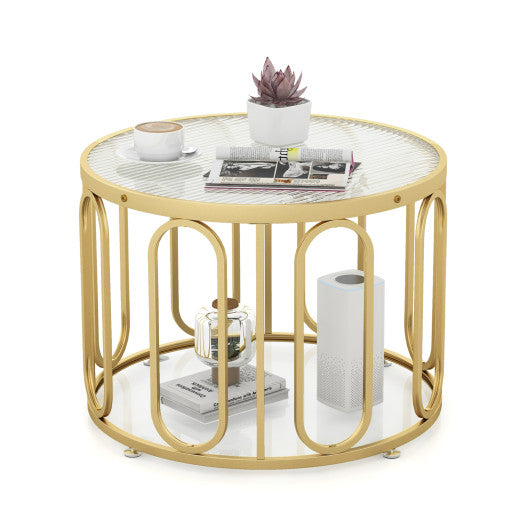 24 Inch Round Coffee Table with Reeded Tempered Glass Top and Oval Swivel Brackets-Golden