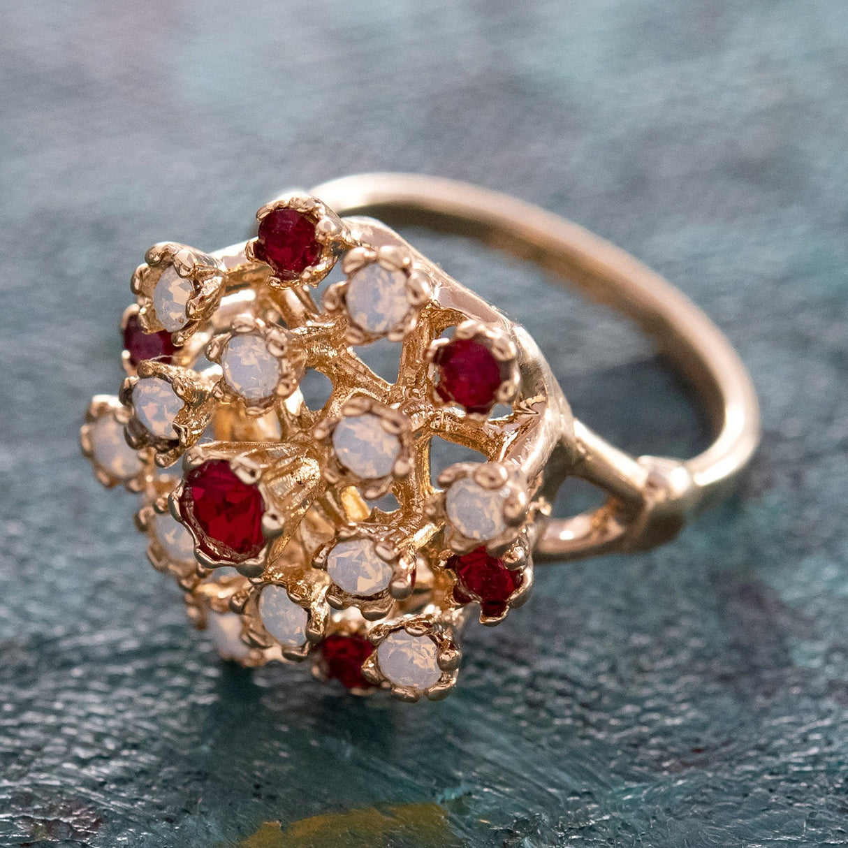 Vintage Ring Ruby Austrian Crystals and Pinfire Opals 18k White Gold Electroplate Made in the USA by PVD Vintage Jewelry