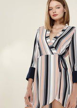 Women's Printed Wrap Dress With Cuff Binding in Multi Stripe by Shop at Konus