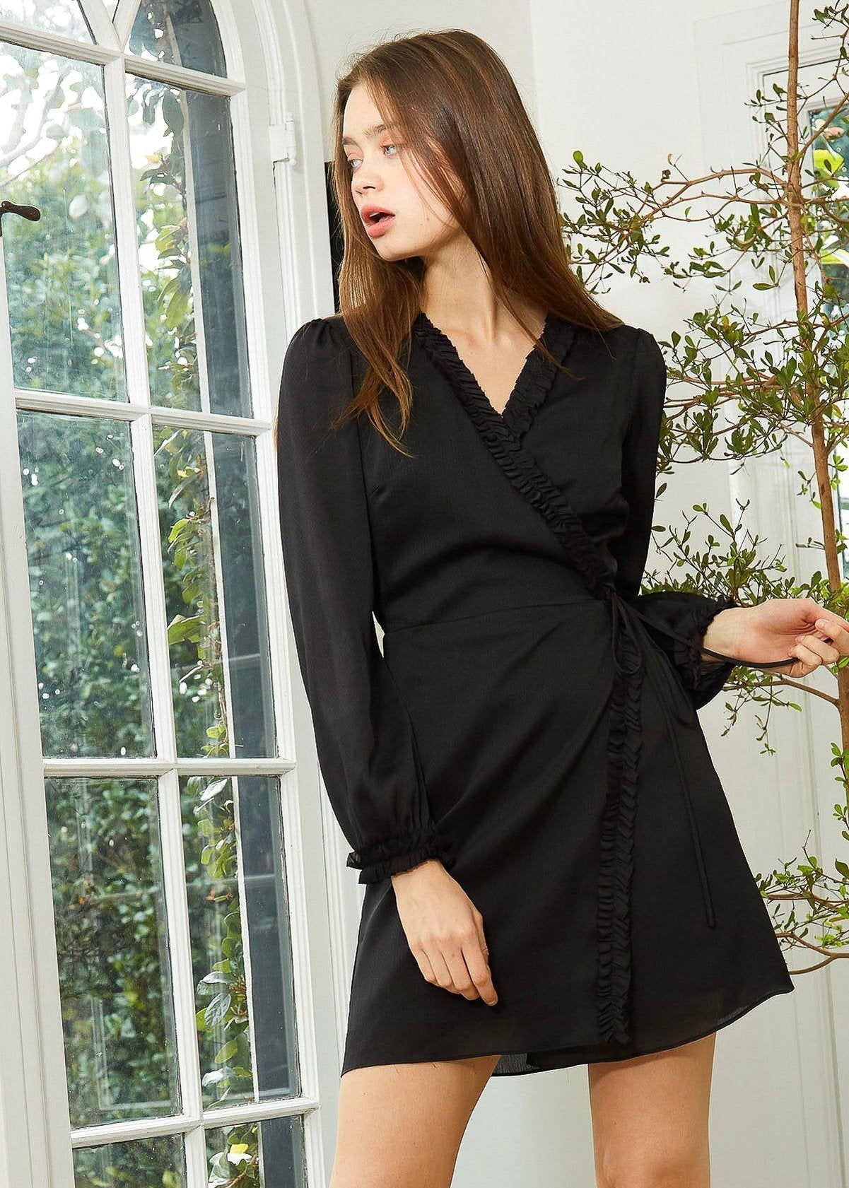 Women's Ruffle Trim Long Sleeve Wrap Dress in Black by Shop at Konus