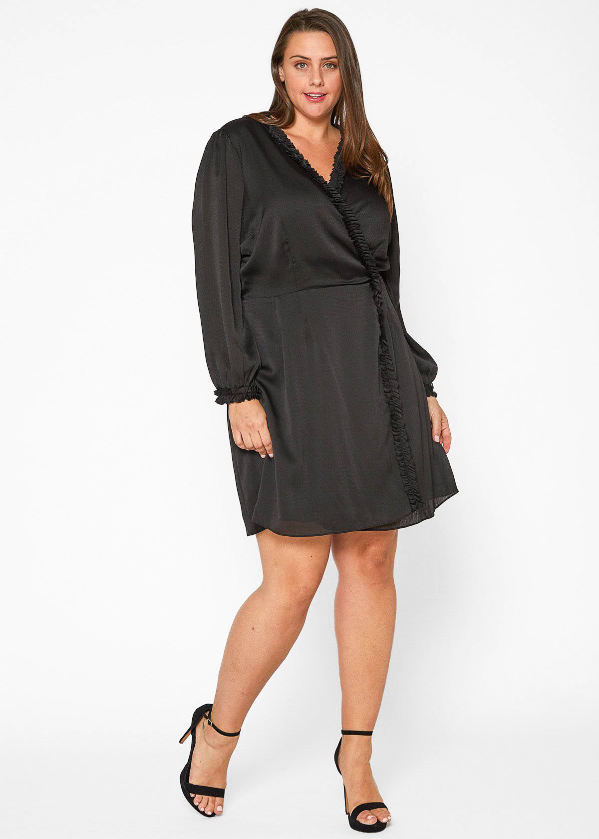 Plus Size Ruffle Trim Long Sleeve Wrap Dress in Black by Shop at Konus