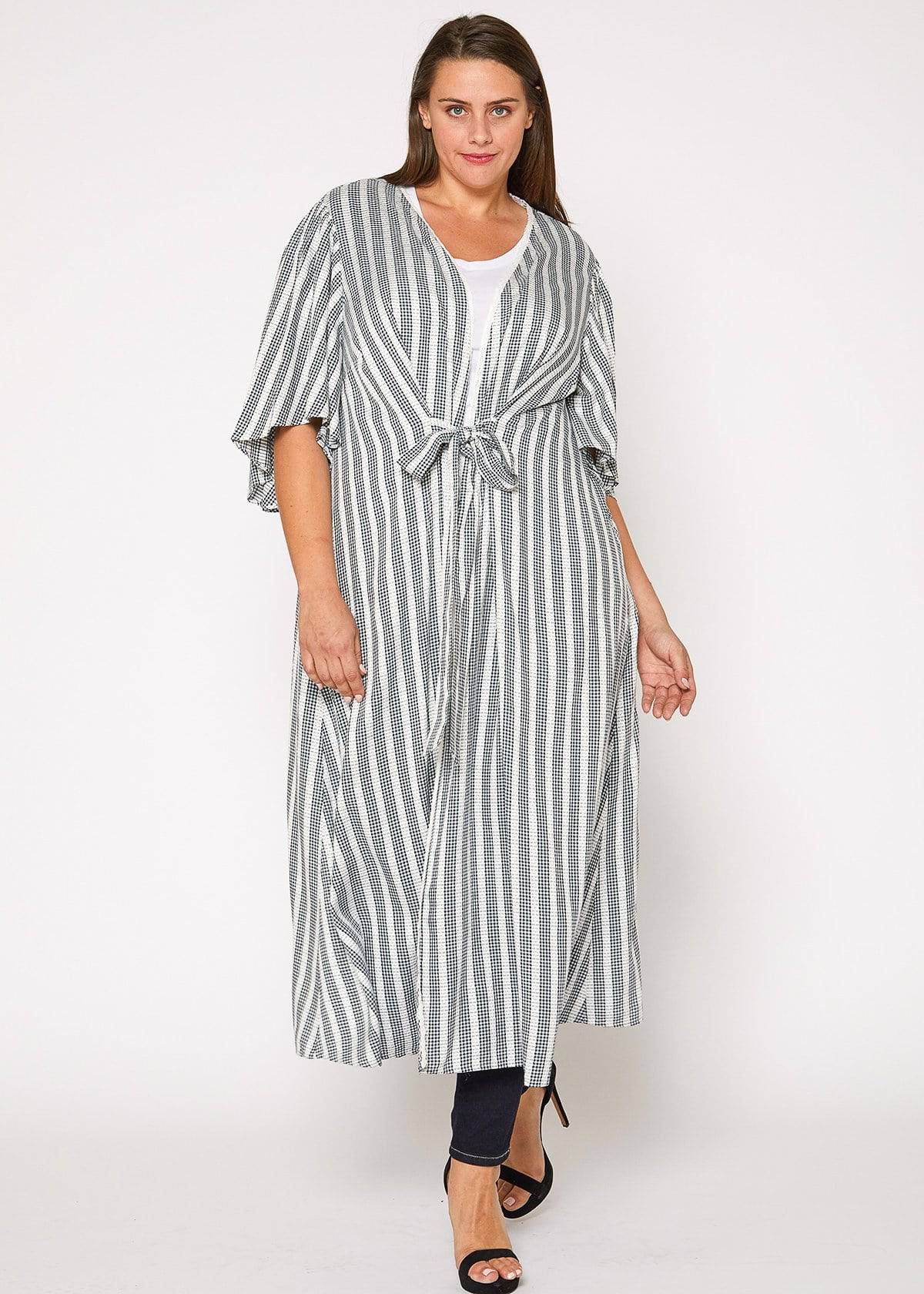 Plus Size Lace Trim Tie Front Maxi Cardigan in Ditsy Gingham by Shop at Konus