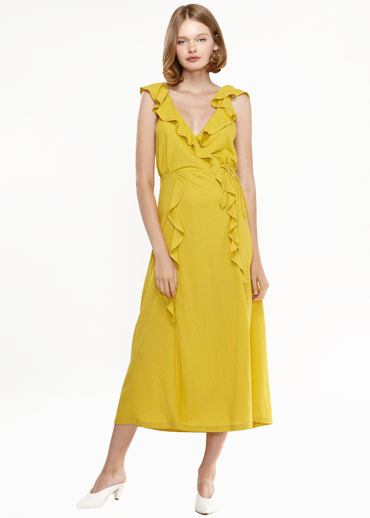 Women's Ruffle Trim Wrapped Maxi Dress in Mustard by Shop at Konus