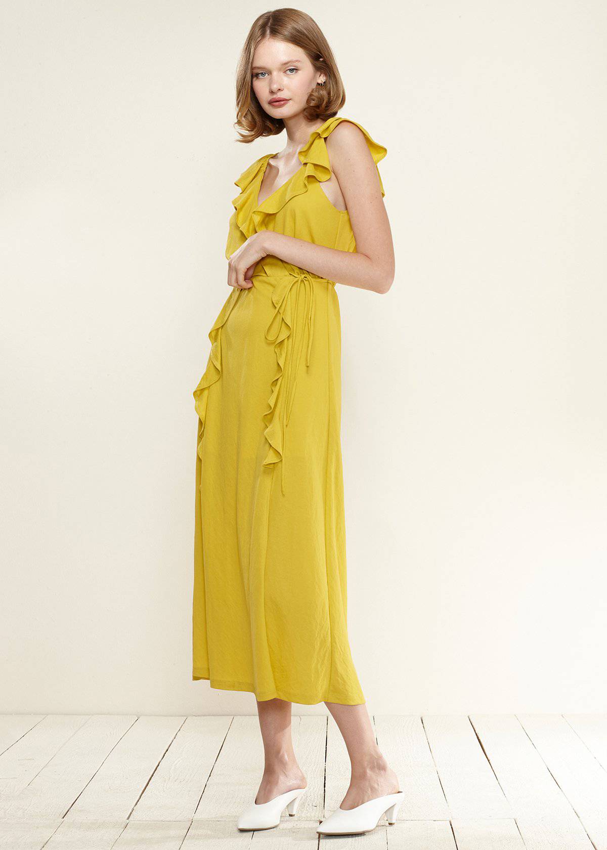 Women's Ruffle Trim Wrapped Maxi Dress in Mustard by Shop at Konus