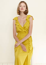 Women's Ruffle Trim Wrapped Maxi Dress in Mustard by Shop at Konus